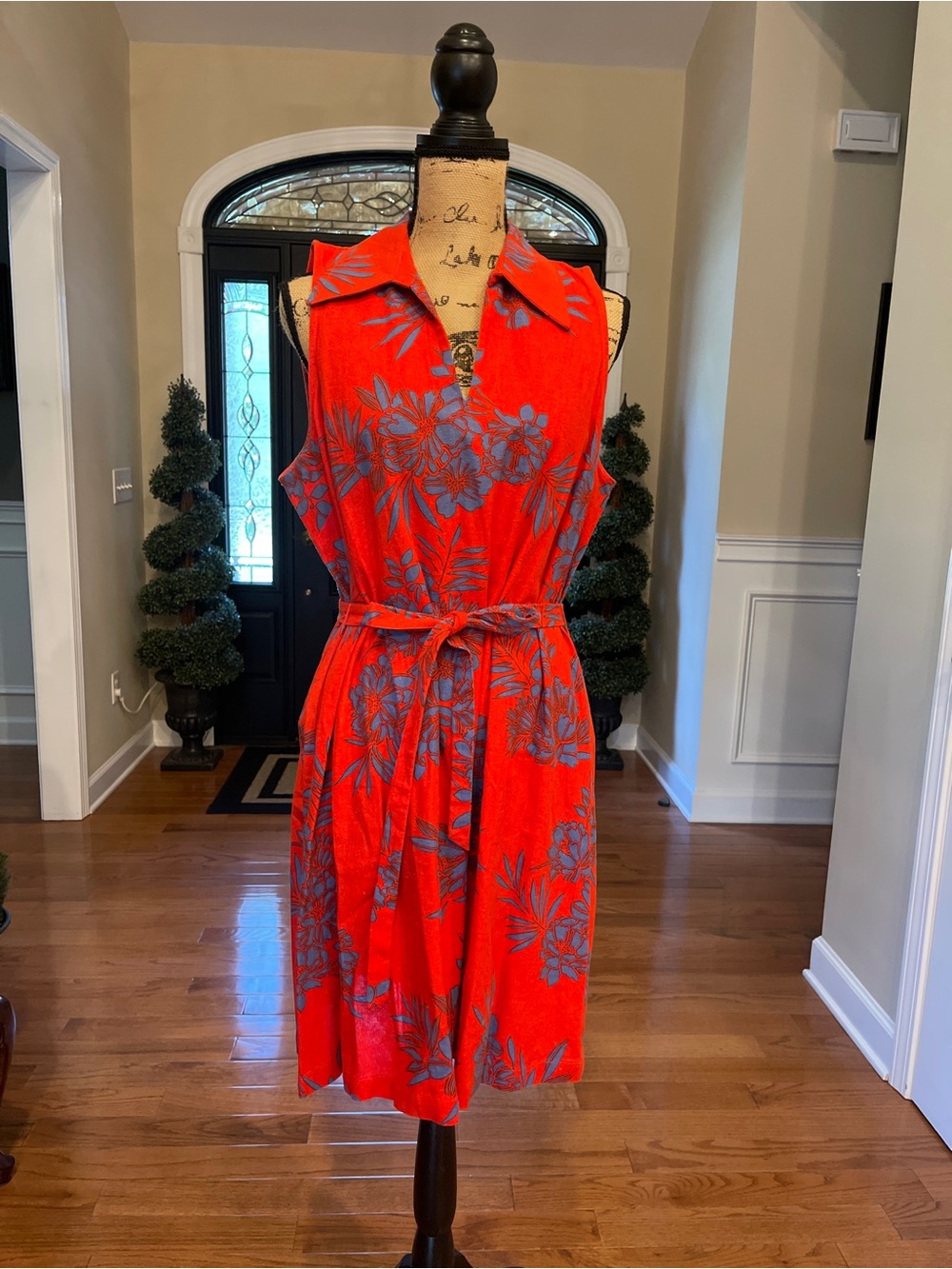 Signature by Robbie Bee Sleeveless Button Down Linen Red Blue Floral Dress XL